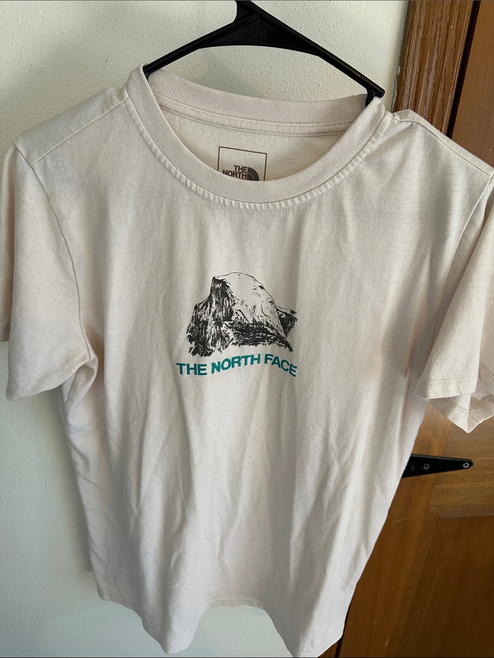 The North Face Cream Tee with Teal Logo & Black Mountain Graphic